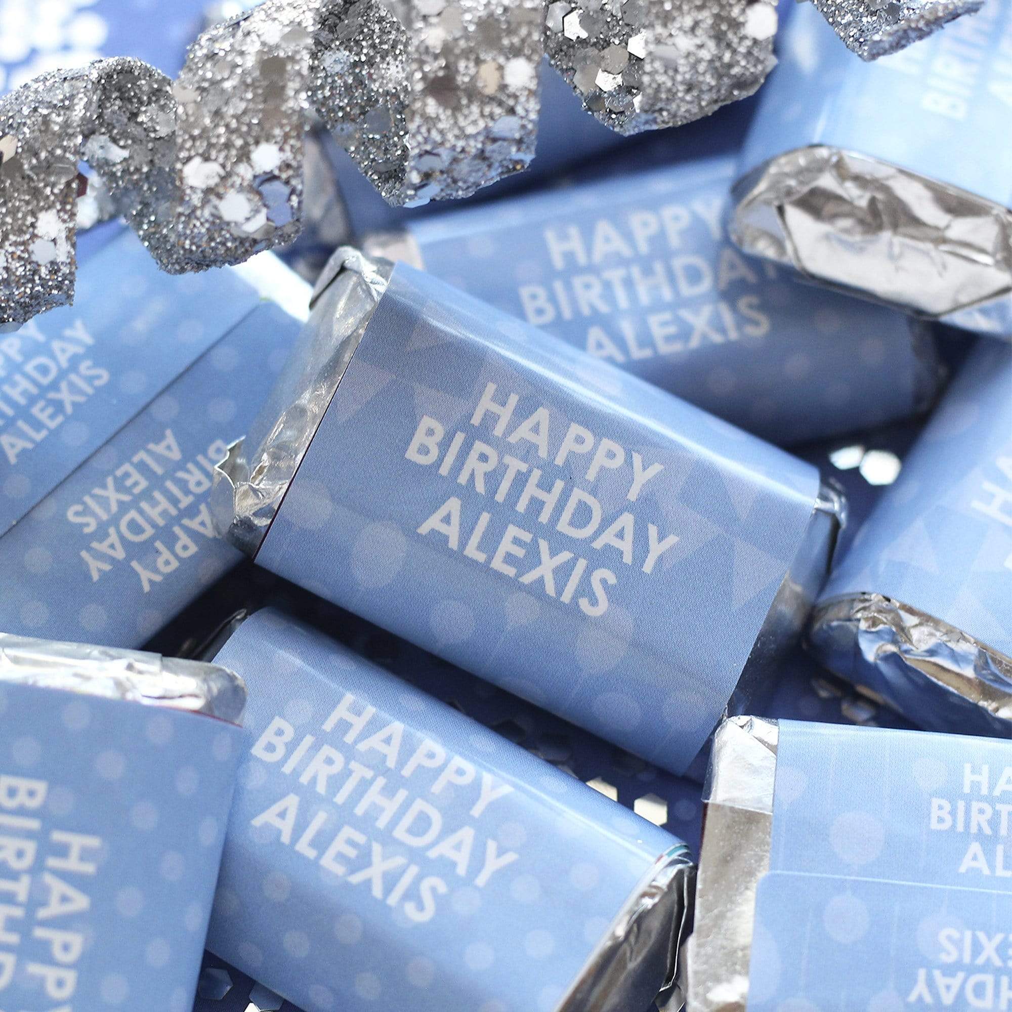 Light Blue Personalized Happy Birthday Party Mini Candy Bar Wrappers with Name - 45 Stickers